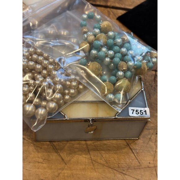 Elegant Glass & Metal Jewelry Box With signed Japan Beaded Necklace set of two p - Picture 3 of 16